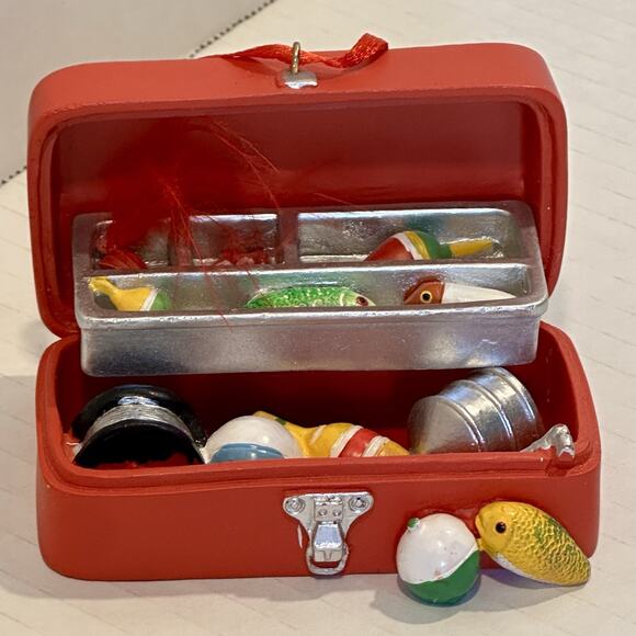 Miniature Fishing Tackle Box Ornament Red Resin Bobbers Lures Fish Decor 3.5" - Picture 3 of 9